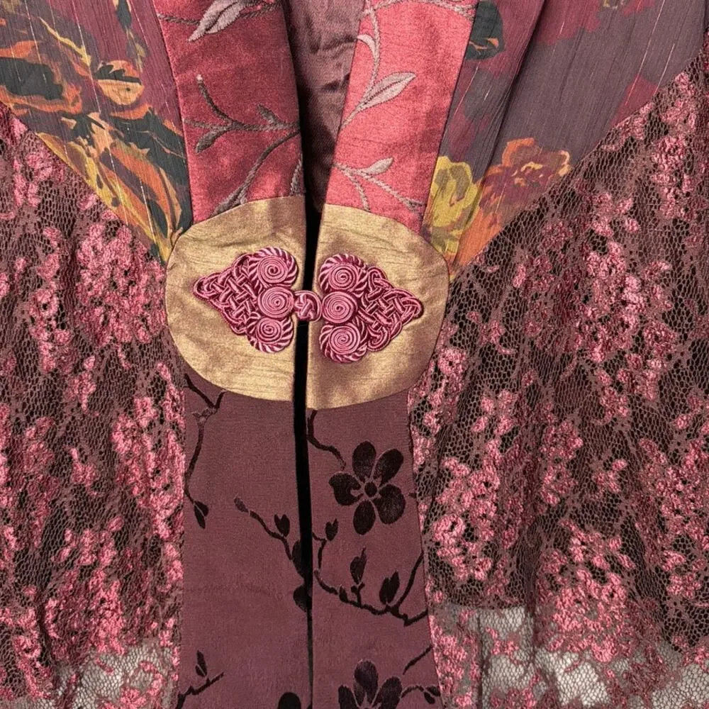 Violet Kay Satin Burnout Kimono Lace Burgundy Frog Knot Closure SZ L Whimsygoth
